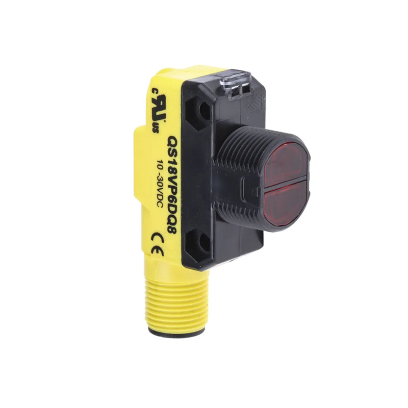 QS18VP6DQ8 sensor offering PNP output and IP67 housing for precise industrial object and distance sensing.