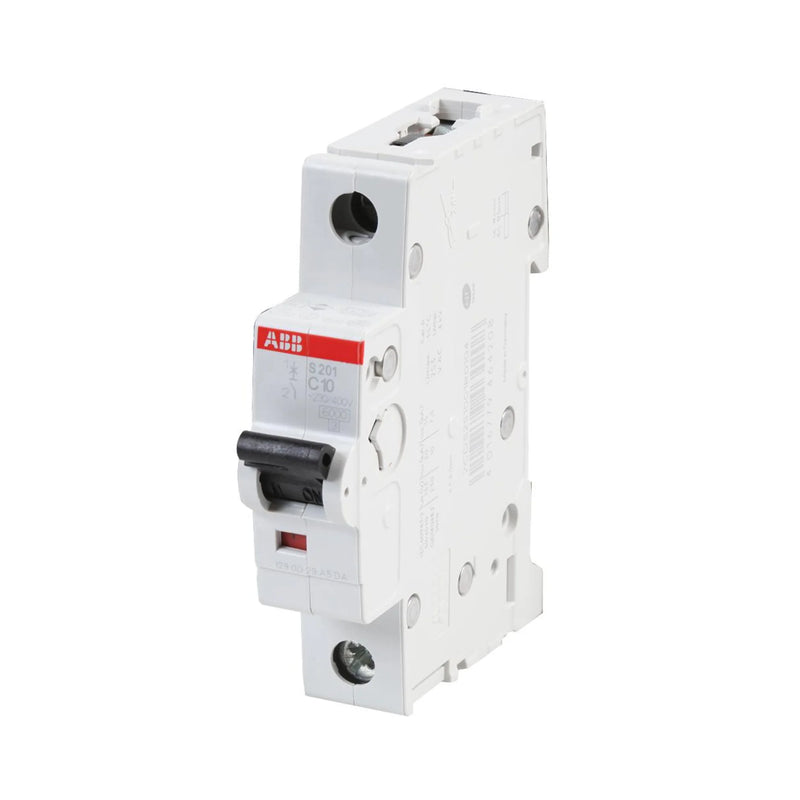 Compact ABB S201-C10 circuit breaker offering protection for electrical circuits from overloads and short circuits.