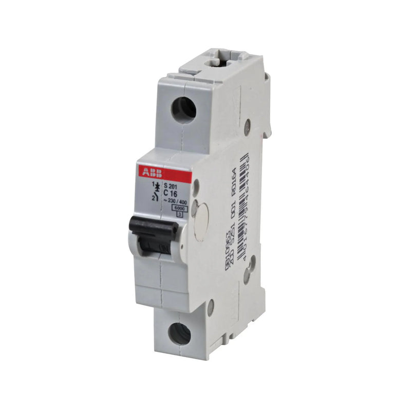 Compact ABB S201-C16 circuit breaker: 16A 1-pole, 6 kA, C-curve, mounted on DIN rail, ensures reliable power protection.