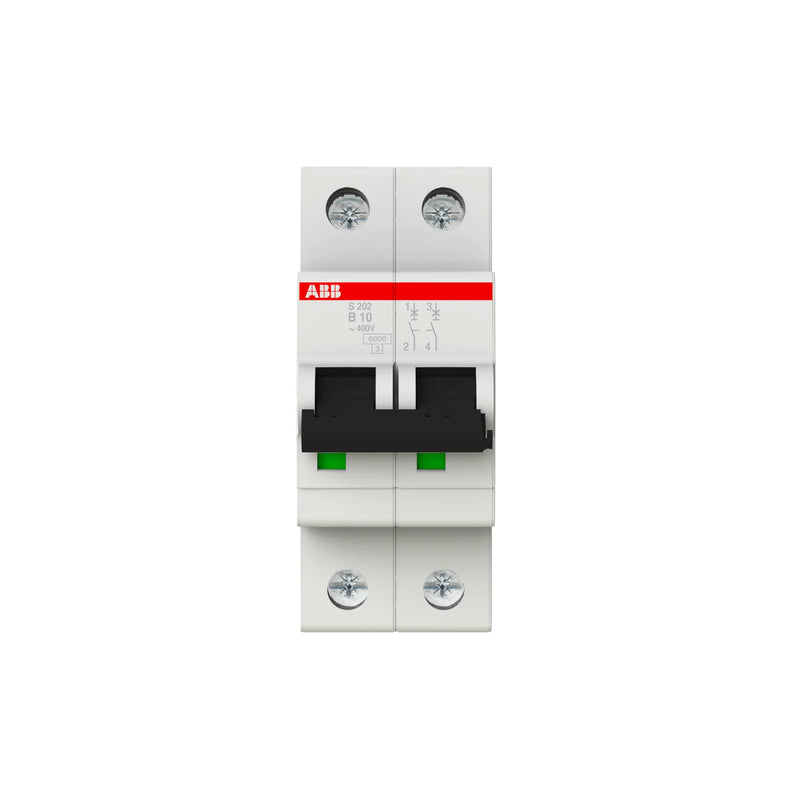 Reliable ABB S202-B10 circuit breaker, 2-pole, 10A rated, B-trip curve, perfect for low inrush, overload protection.