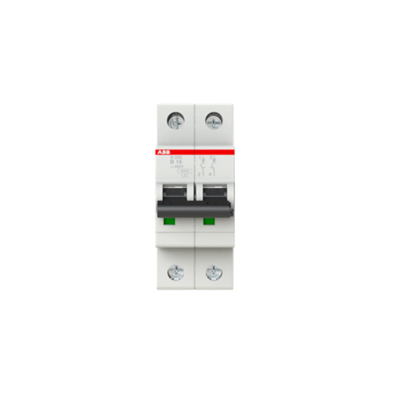 ABB S202-B16: Miniature Circuit Breaker, 2 poles, 16A, reliable overcurrent and short circuit protection, versatile use.
