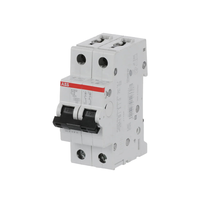 High-quality ABB S202-C2 miniature circuit breaker for overload and short-circuit protection, rated 2A with two poles.