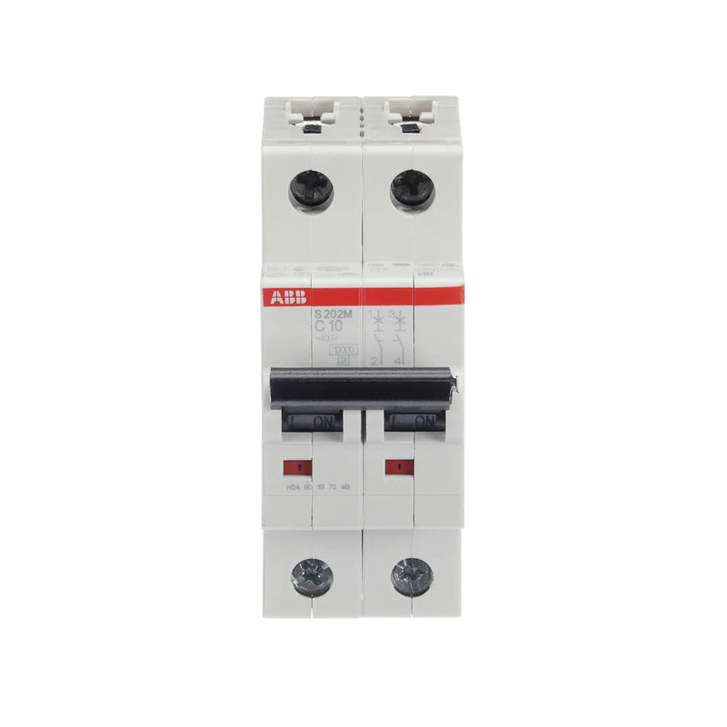 ABB S202M-C10 2-pole circuit breaker, Compact design for reliable overload and short-circuit protection.