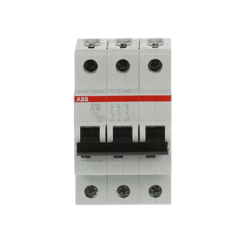 ABB S203-C10 circuit breaker, 3-pole, 10 A, C curve, 6 kA, DIN rail mount, effective circuit protection.
