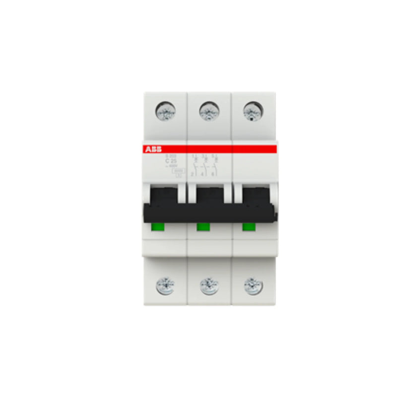 ABB S203-C25 circuit breaker offering overload and short circuit protection for industrial and residential systems.