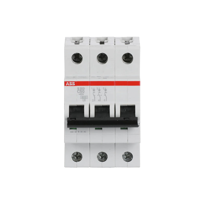 ABB S203-C50 MCB offers compact design with 50A rating for reliable short circuit and overload protection in various applications.