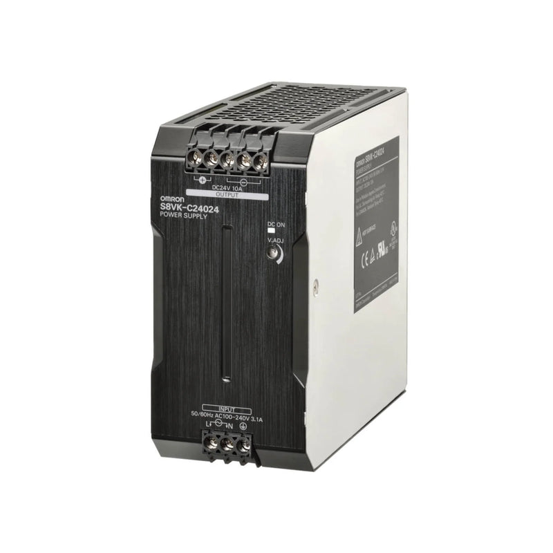 Omron S8VK-C24024 power supply, 240W 24V DC output with wide AC/DC input range and DIN rail mount. Compact and reliable for industrial use.