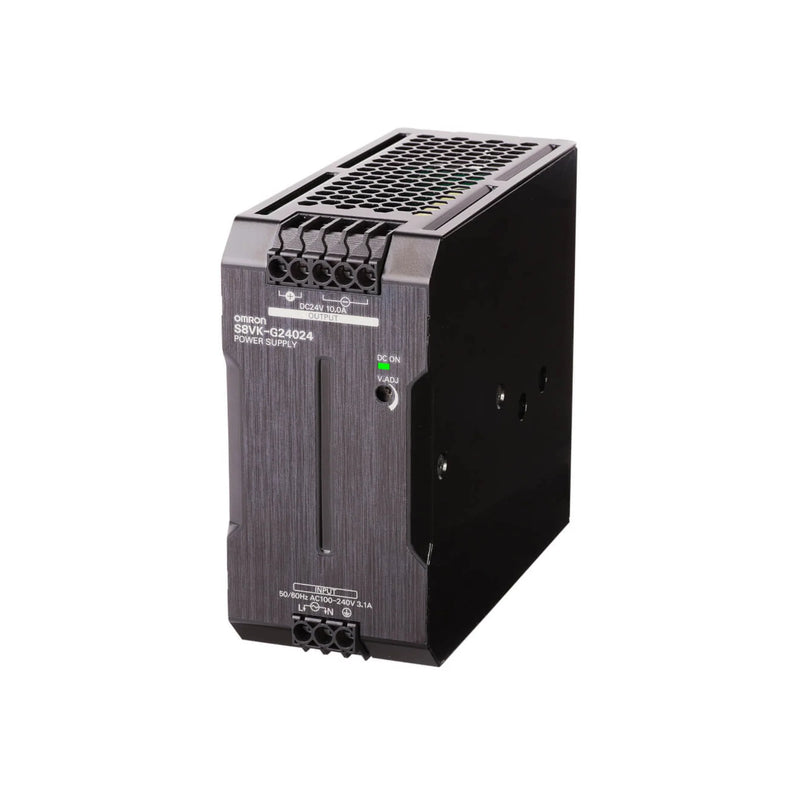 Omron S8VK-G24024 240W DIN rail power supply with 24V DC output, universal AC/DC input, and compact design for industrial applications.