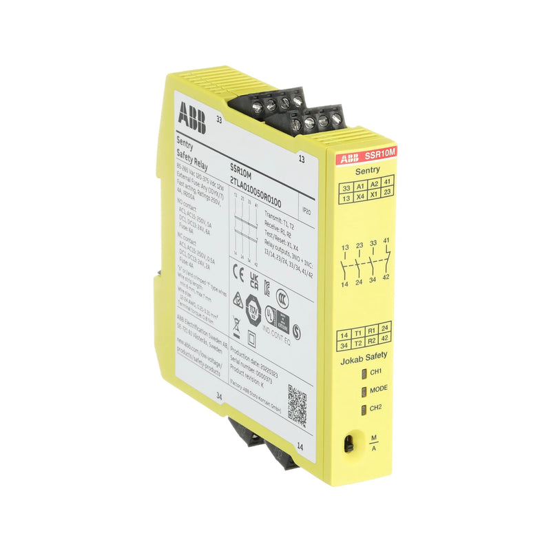ABB SSR10M safety relay module for reliable monitoring of emergency stops, safety gates, and devices in industrial settings.