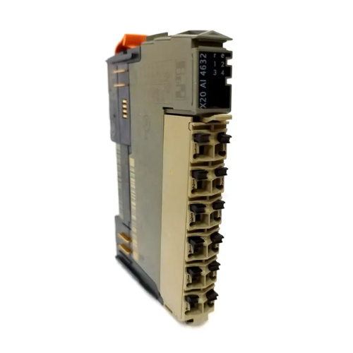 B&R X20AI4632 module with 4 channels, 0–10 V range, 13-bit resolution. DIN rail mount for industrial automation.