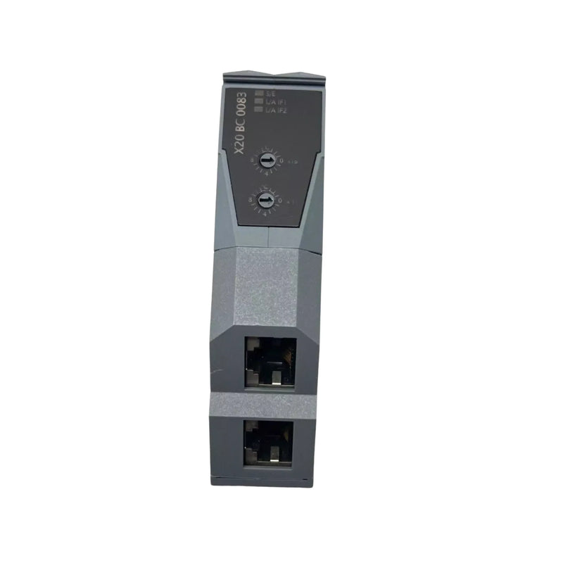 B&R X20BC0083 controller with Ethernet ports for X20 I/O systems; DIN rail mount for real-time communication.