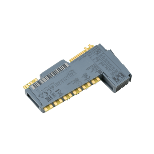 B&R X20CM8281 module with 2 channels for servo, stepper control. Real-time axis control, mounts on DIN rail.