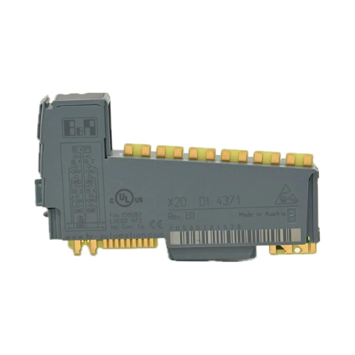 B&R X20DI4371 module with 4 DC inputs, adjustable filters, and DIN rail mount for industrial automation systems.