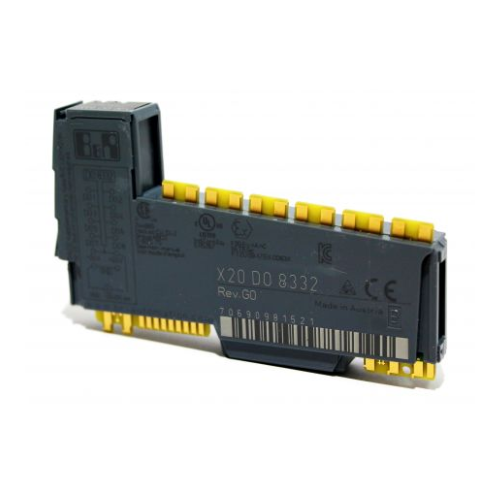 B&R X20DO8332 module with 8 x 24V DC outputs, short-circuit protection, and DIN rail mount for automation systems.