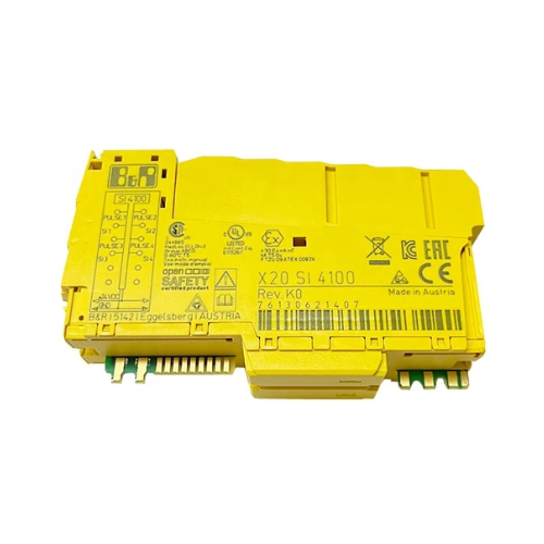 B&R X20SI4100 module, 4 safe inputs and pulse outputs, 24 VDC, ideal for safety in industrial settings.