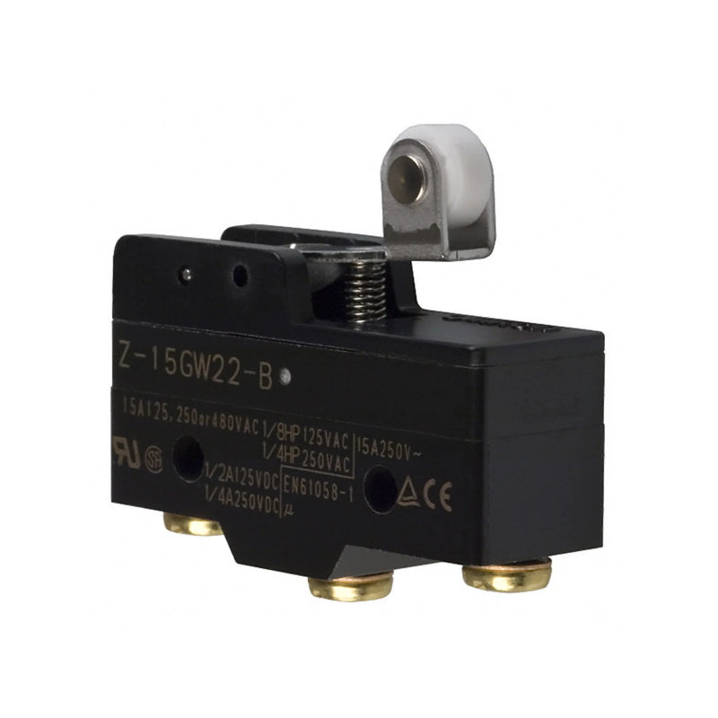 Omron Z-15GW22-B SPDT basic switch with 15A rating, short hinge roller lever actuator, and screw terminals for industrial automation applications.