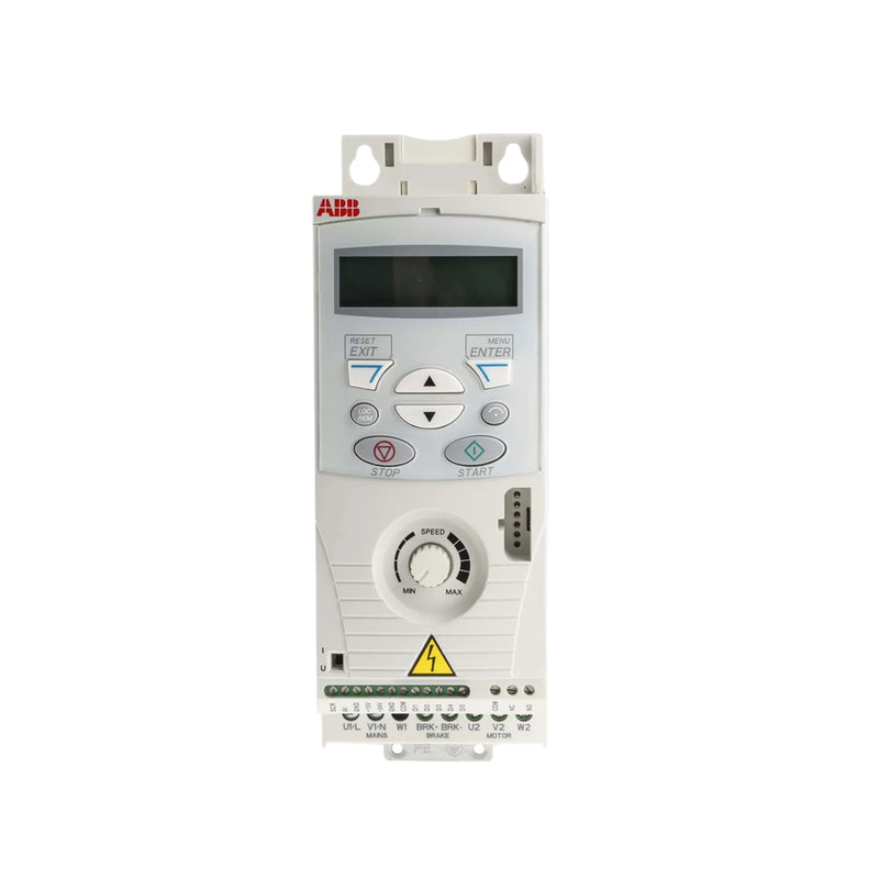 Compact ABB AC drive designed for efficient motor control in small industrial applications with 0.37 kW power and 2A output.