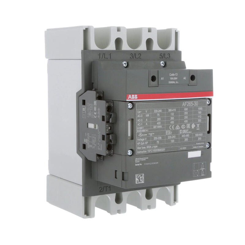 High-performance ABB contactor for industrial motor control, 265A, 3-Pole, 100-250V AC/DC coil, engineered for reliability.