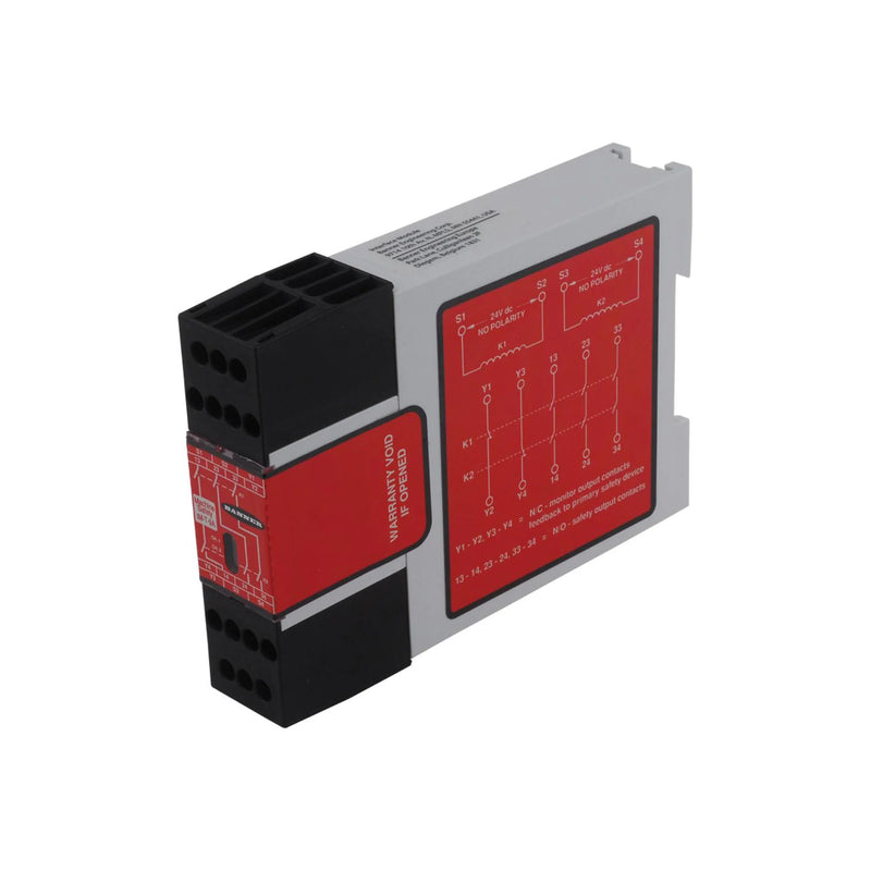 Banner IM-T-9A safety module with two-channel monitoring and 24 V DC for industrial protection.