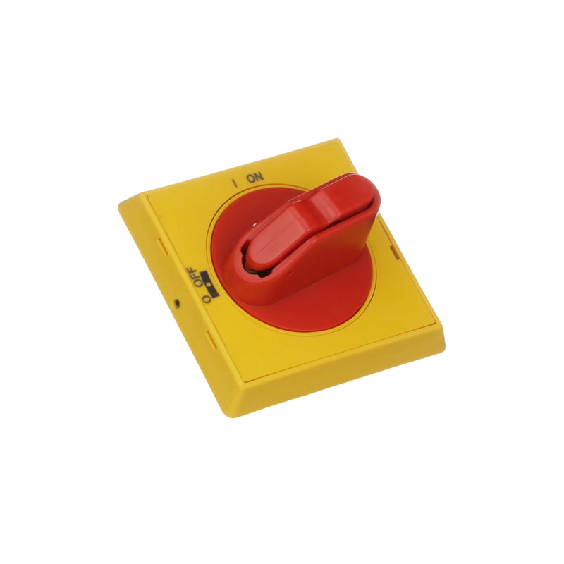 Red/yellow selector handle for disconnect switches, lockable and rated for industrial safety, ergonomic for easy use.