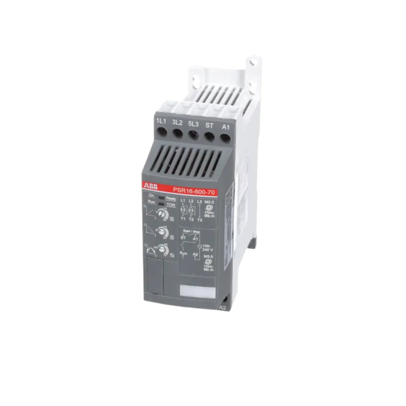 ABB PSR16-600-70 softstarter, 16 A, 208–600 V AC, 2-phase control, built-in bypass for small motors like pumps and fans.